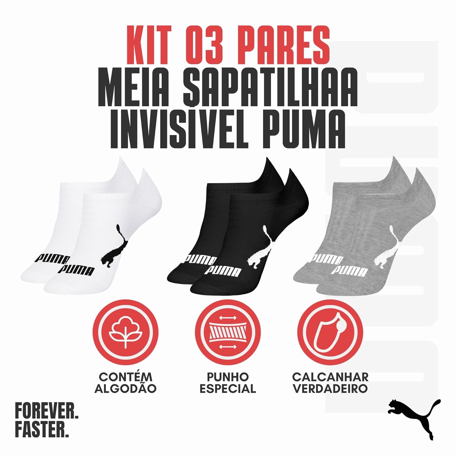 Kit 3 Pares Meia Puma Soquete Sapatilha Invisível Respirável Original em promoção! Veja a oferta e mais achadinhos de Moda íntima 2 Hoje é o melhor dia para comprar Kit 3 Pares Meia Puma Soquete Sapatilha Invisível Respirável Original com aquele preço maroto! Promoção! Aproveite a oferta! 2