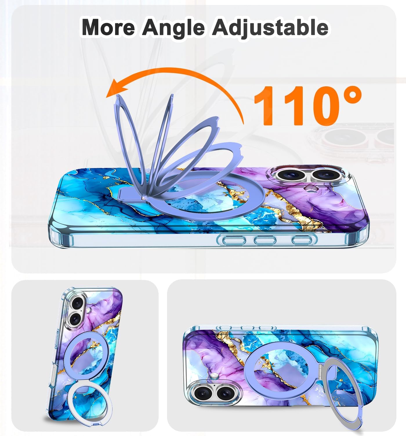 Lamcase for iPhone 16 Plus Case with Magnetic Invisible Ring Stand [Compatible with MagSafe], Full Body Rugged Slim Women Men Girl Shockproof Marble Pattern Design Case, Purple/Blue - Image 5