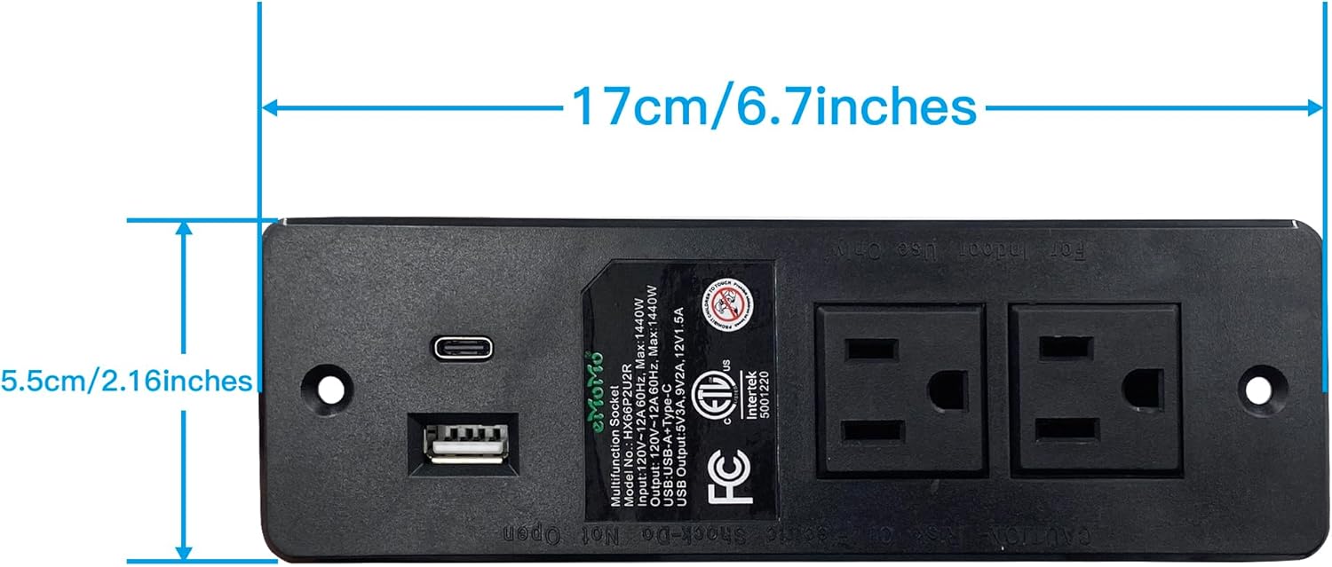 Dimensions of Emomo HX66P2U2R power strip showing 17cm length and 5.5cm width