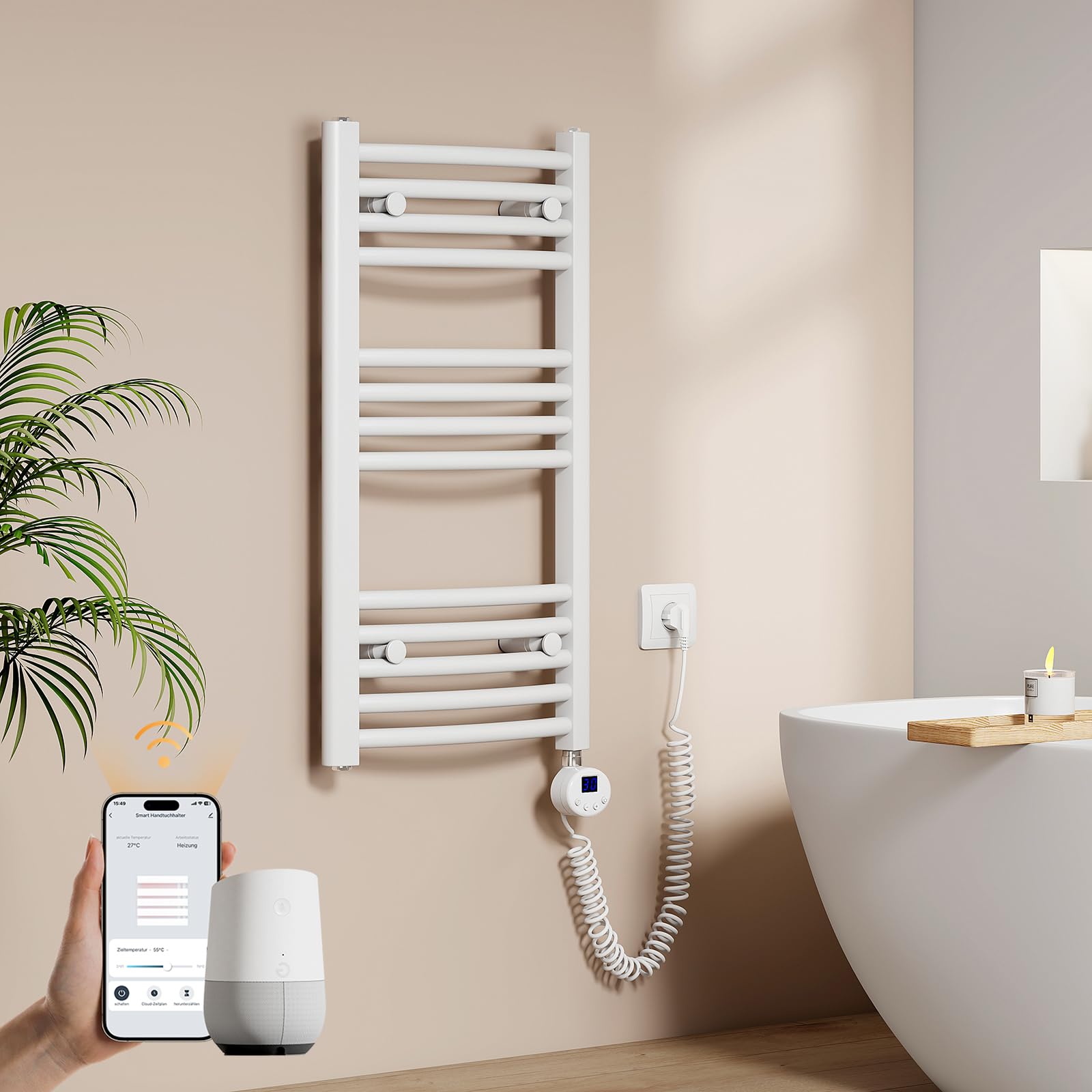 EMKE WiFi Elektrischer Badheizkörper 750x400 mm Gebogen 300W Weiß mit Thermostat