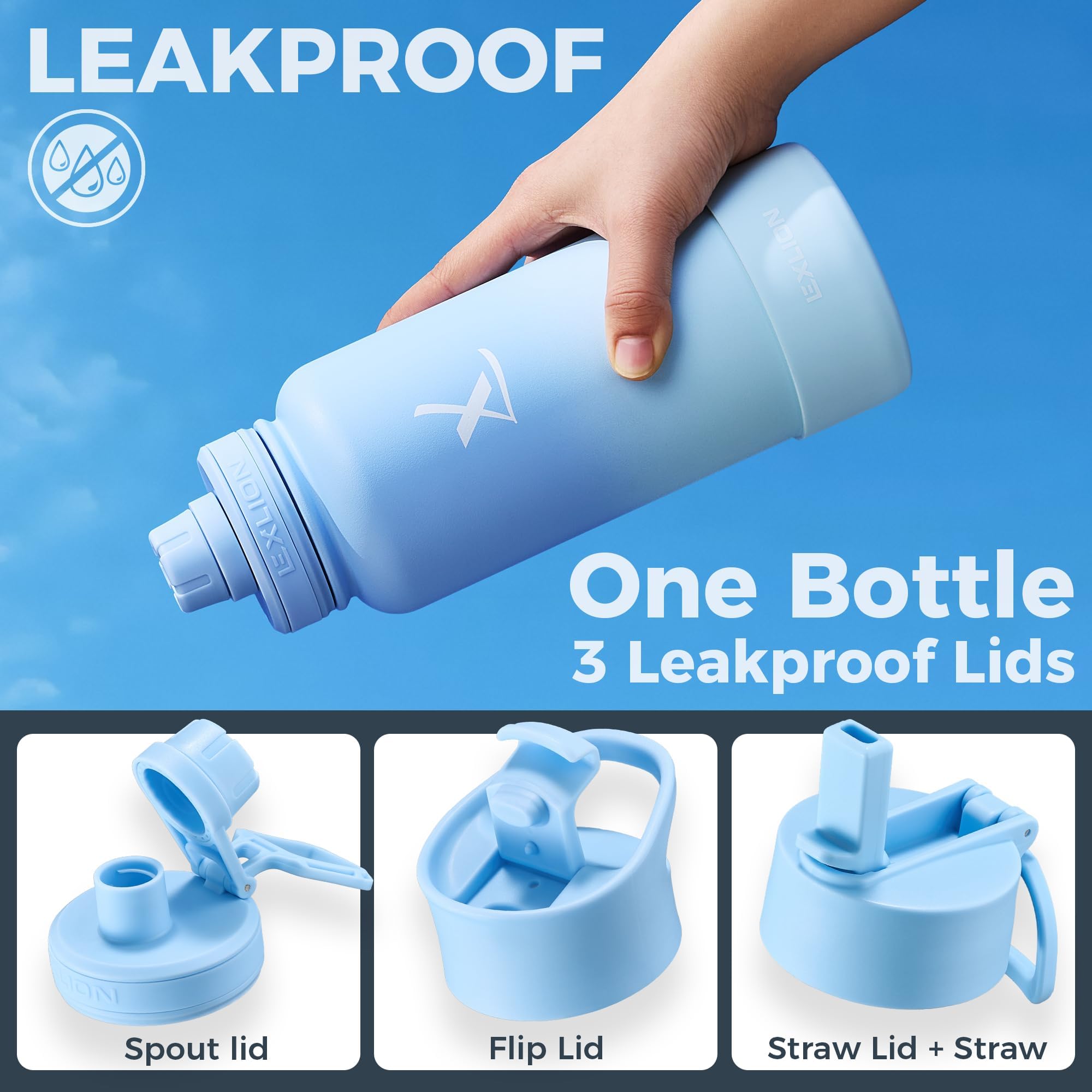Lexlion Botella de agua de 32 onzas, triple pared aislada de acero inoxidable, reutilizable, boca ancha, difusor de frutas, infusor térmico de hojas, funda de silicona y cepillo de limpieza, 3 tapas a