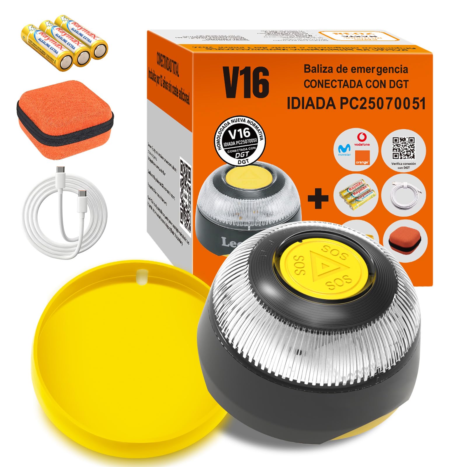 Baliza V16 Homologada DGT con Geolocalización Luz de Emergencia V-16 Conectada DGT 3.0 con SIM y Datos hasta 2038 (S-1PCS)