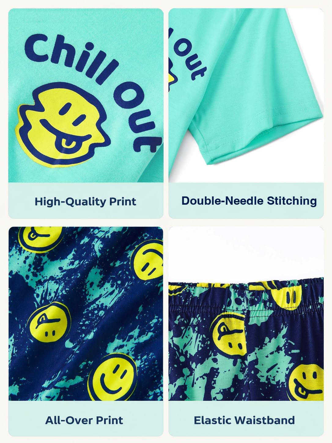 Beezizac Boys Pajamas, Teal & Navy Face Short Sleeve & Pants PJs, Size 6-18