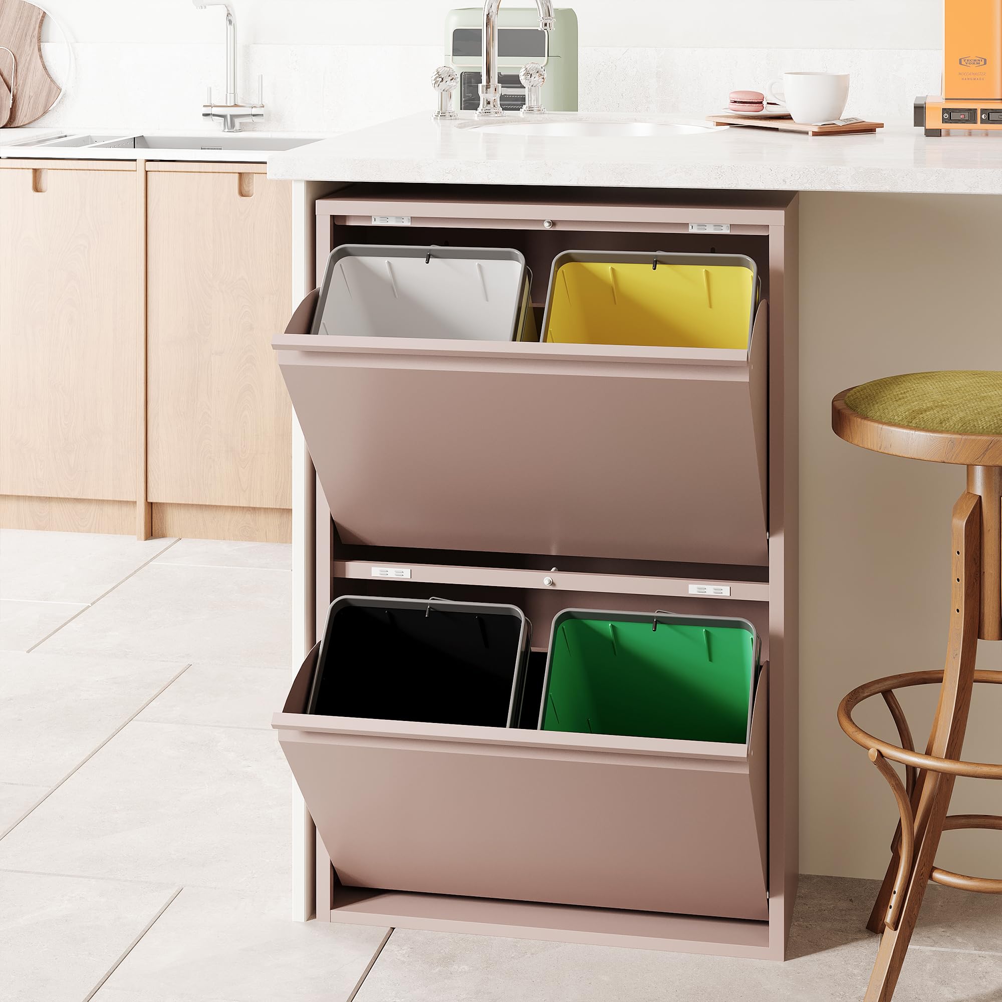VEEHAUS Küchen Mülltrennsystem, Metall Müllschrank, 4 Klappfächer 4 x 15 L | Freistehend & vormontiert, 4 einzeln öffenbare Klappen, Magnetische Front, Herausnehmbare Eimer, 60L Rosa