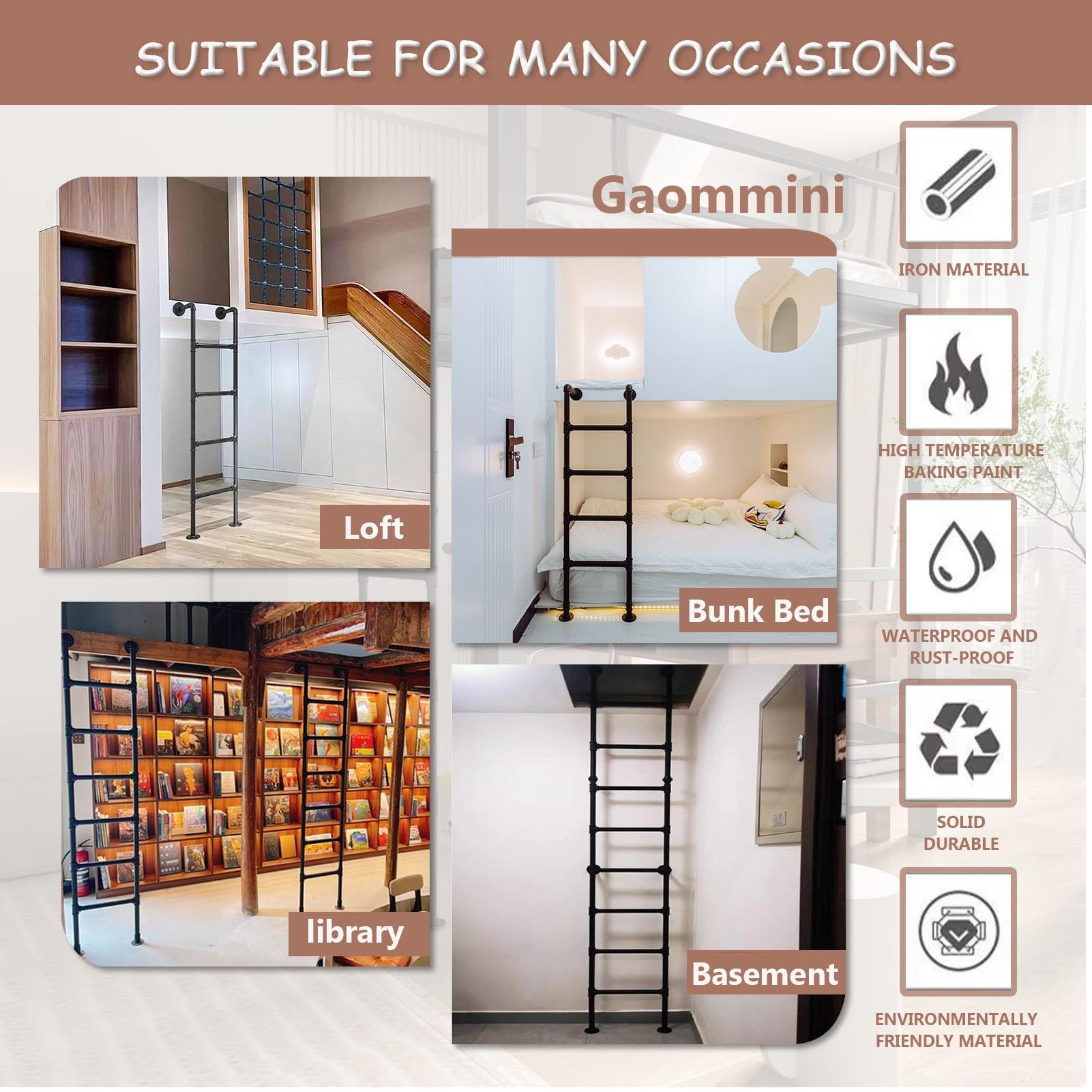 Escaleras de Pared para Interiores y Exteriores, Escalera Industrial de Hierro para literas, de 39, 49, 51, 55, 59 y 71 Pulgadas, Escalera de Salida de sótanos, de Metal Negro(130cm/51in)