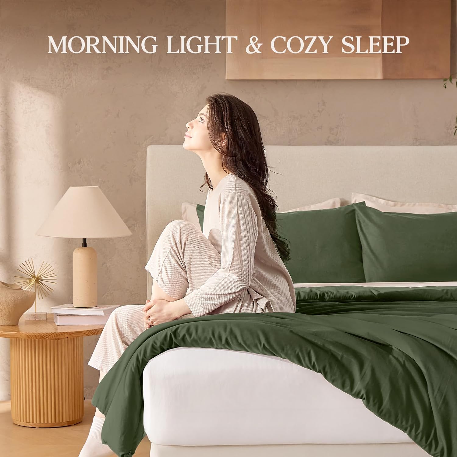 Andency Olive Green Full Size Comforter Set, Solid Comforter Set 3 Pieces (1 Boho Comforter & 2 Pillowcases), Lightweight Fluffy Vintage Olive Bed Comforter for All Season - Image 5