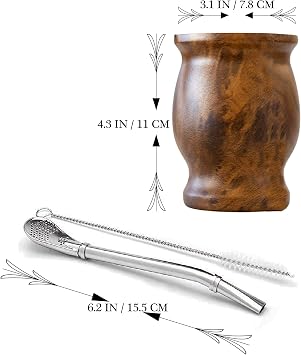 LA FEE Yerba Mate Natural Pumpkin/Tea Cup Set Brown (Original Traditional Mate Cup - 8 oz) includes Yerba Mate Wire Mesh and Cleaning Brush, Stainless Steel | Double Walled | Easy to Clean