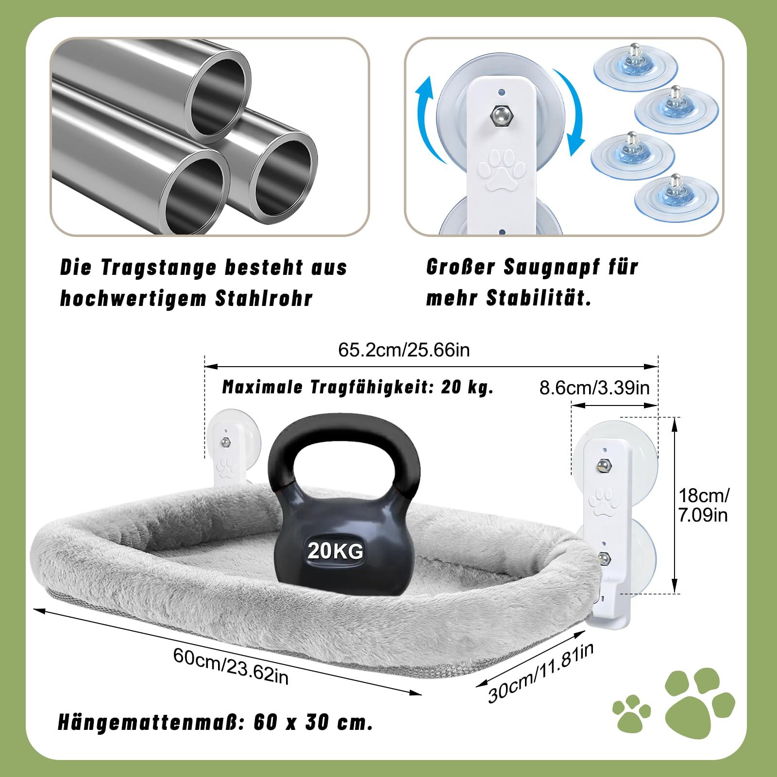 Fensterliege für Katzen 60×30cm, Katzen Hängematte mit Stabilen Saugnäpfen, Klappbare Katzenbett für Fenster, Fensterbank Katzenliege Bis zu 20kg, Grau