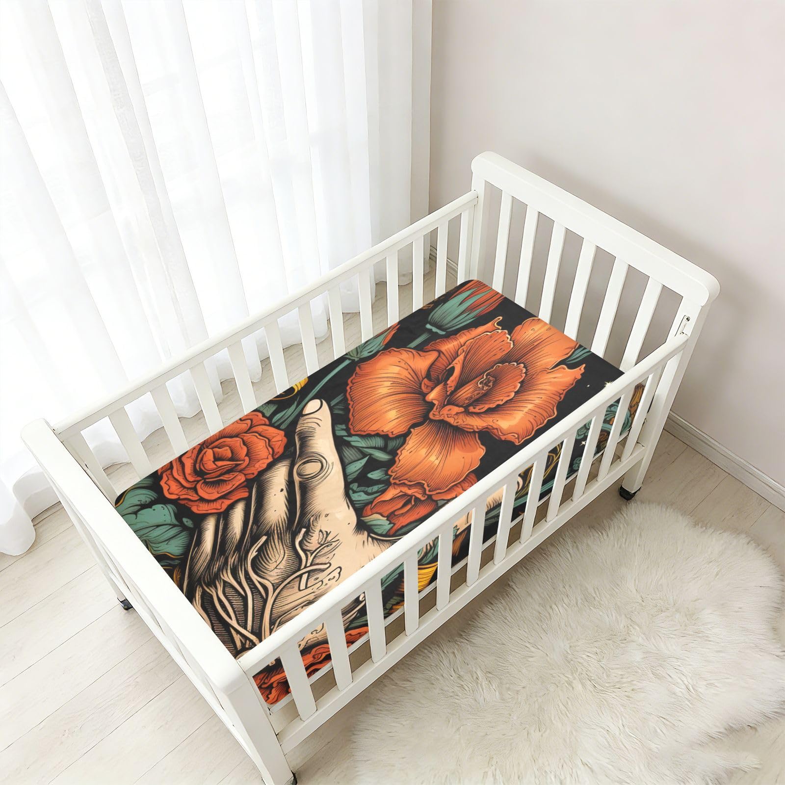 Arte De Flor Naranja Rosa Roja Sábana de Cuna para Niños Pequeños,Sábanas de Algodón Suave para Bebés Aptas para Colchón Corralito