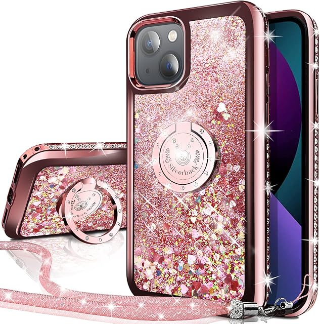 Miss Arts iPhone 13 Case, [Silverback] Moving Liquid Holographic Glitter Case with Kickstand, Girls Women Bling Diamond Ring Slim Protective Cover for iPhone 13 6.1 inch -Rose Gold