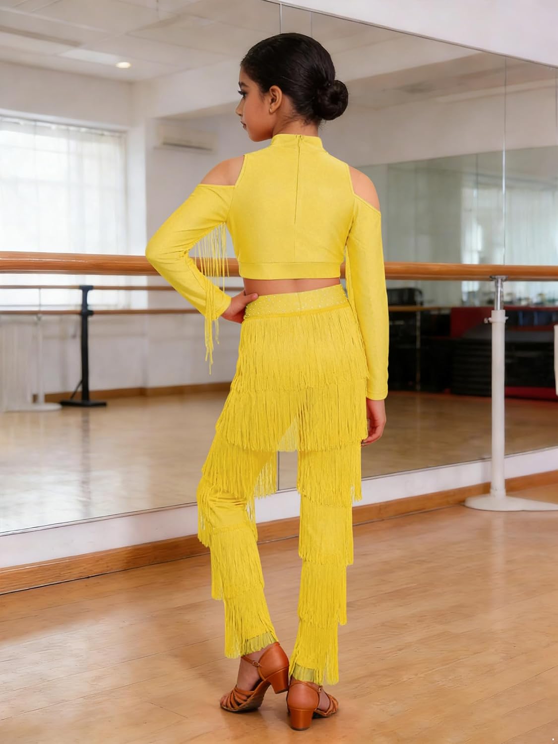 Shinsto Kids Girls 2 Piece Latin Ballroom Dance Outfits Tassel Crop Tops with Fringe Pants Set Dancewear Yellow 14 Years