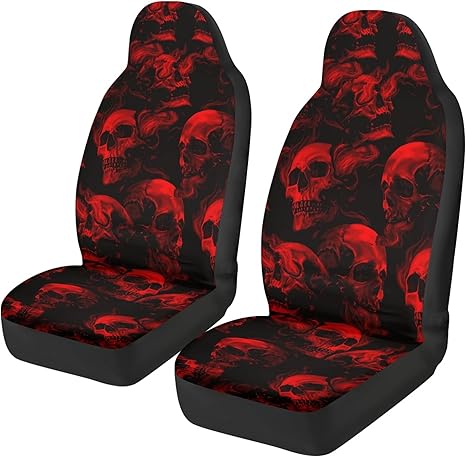 Red Gothic Flame Skull Pattern Auto Seat Cover, Thin Breathable Universal Car Front Seats Accessories Interior Decor 2 Pcs