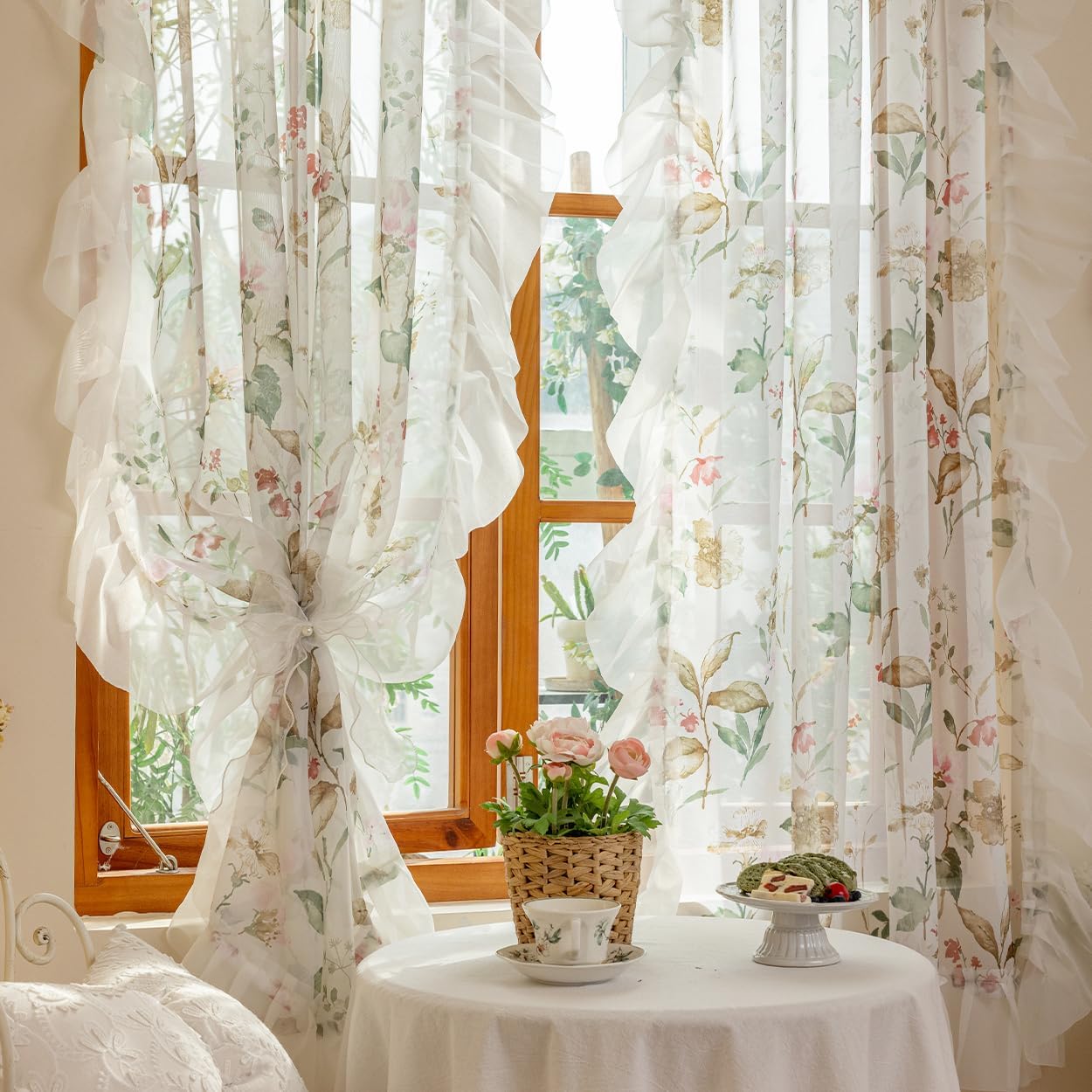 ENJOYBRIDAL Floral 63 Inch Curtains for Bedroom Boho Drapes Lace Trim Farmhouse Light Filtering Rod Pocket Window Curtains 2 Panels Short Scalloped Edges Sheer Living Room Window Treatments