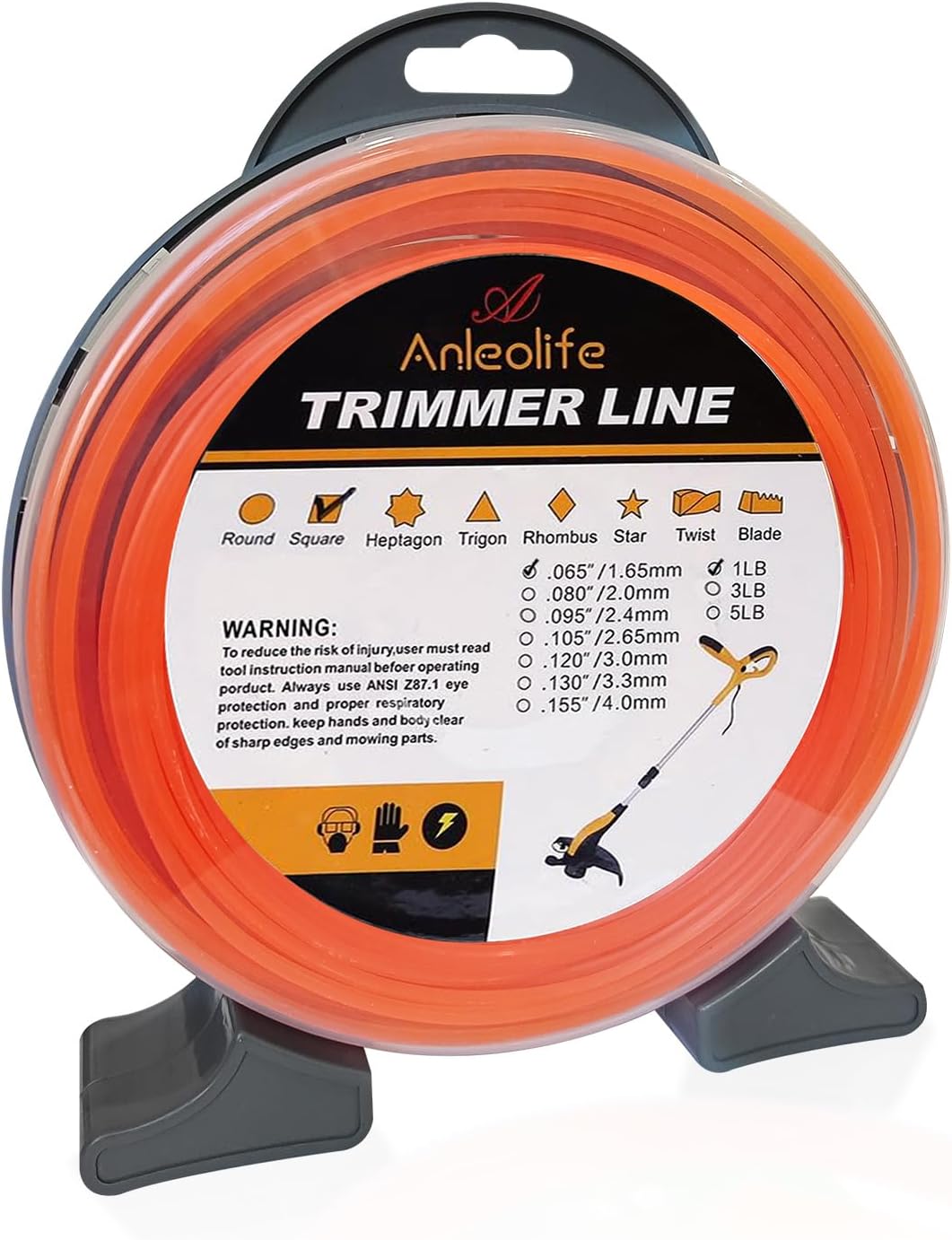 A ANLEOLIFE 1-Pound Commercial Square .065-Inch-by-370-ft String Trimmer Line Donut,with Built-in Line Cutter, Orange