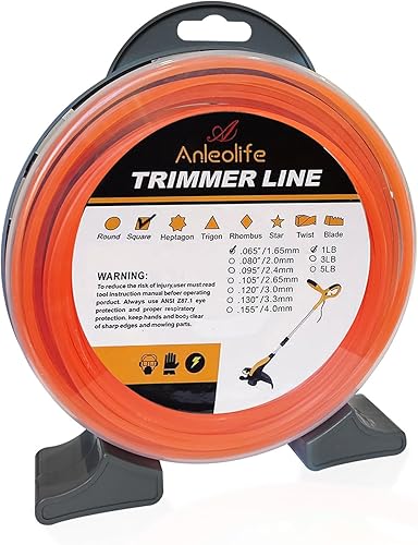 A ANLEOLIFE 1 libra de bobina de línea cuadrada de bordeadora (0.065 pulgadas x 370 pies) con cortadora de línea incorporada, naranja