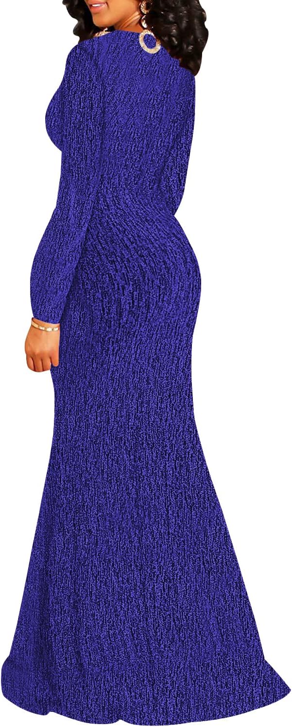 Women's Formal Long Sleeve Sparkly Maxi Dress V Neck High Slit Wrap Sexy Gown Cocktail Glitter Maxi Long Dresses - Image 4