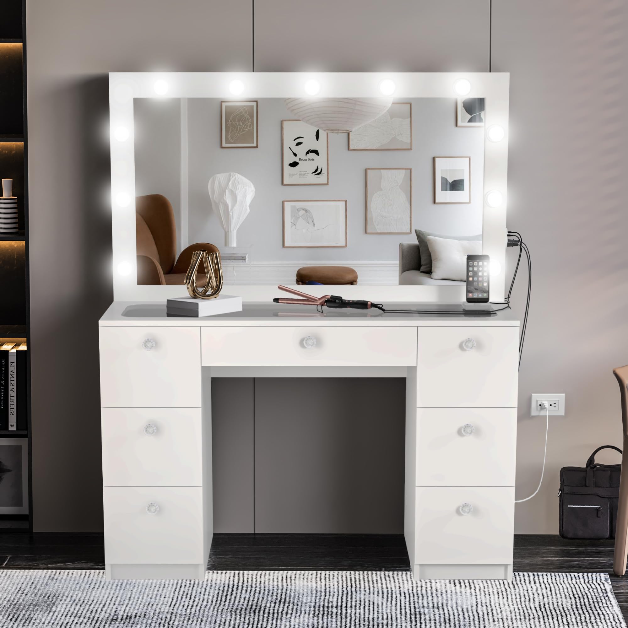 Boahaus Lyra LARGE Makeup Vanity Desk with Lights, 7 Drawers, White Vanity Mirror with Lights Built-in, Drawer with Jewelry Divider, Power and USB Outlet, Crystal Ball Knobs, 56''Hx46.3''Wx14.6''D