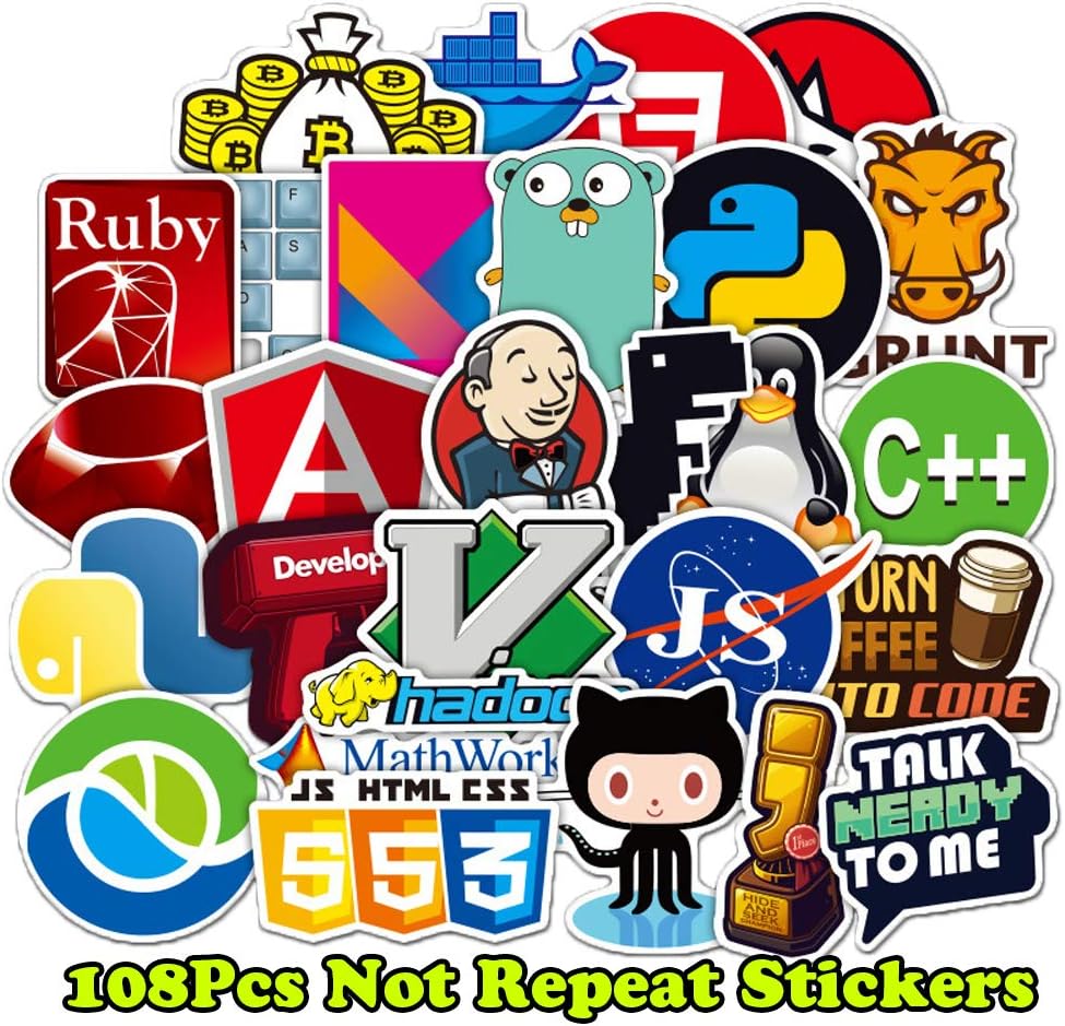 Laptop Stickers for Developer (108PCS)- Programming Stickers of Front-end dev,Back-end Languages Stickers for Software Developers, Engineers, Hackers, Programmers, Geeks, and Coders