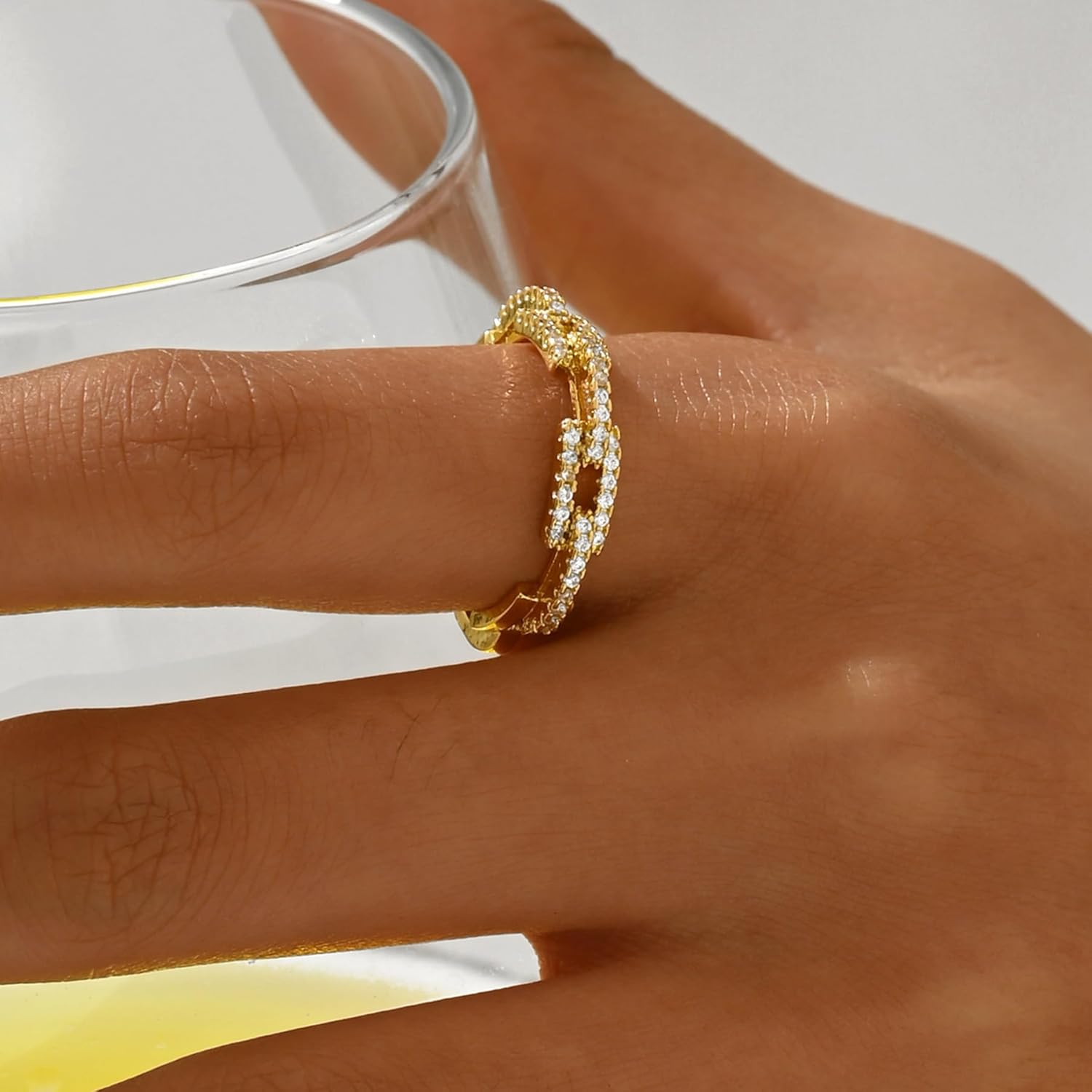 Open Stackable Rings for Women 18K Gold Plated Dainty Cubic Zirconia Wave Cuban Link Chain Flower Feather Hollow Out Adjustable Stacking Rings Wedding Jewelry Gifts - Image 3