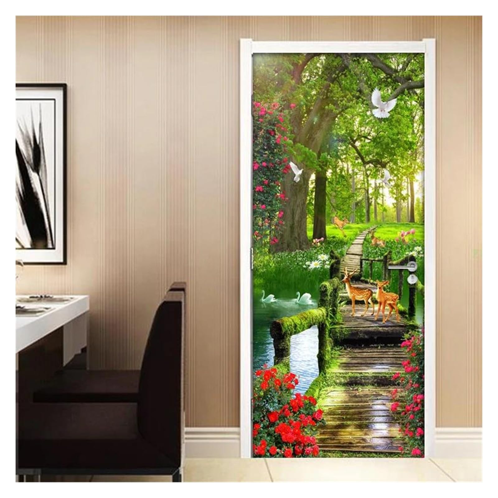 Sticker de porte 3D paysage de forêt d'arbre vert en papier peint 77x200