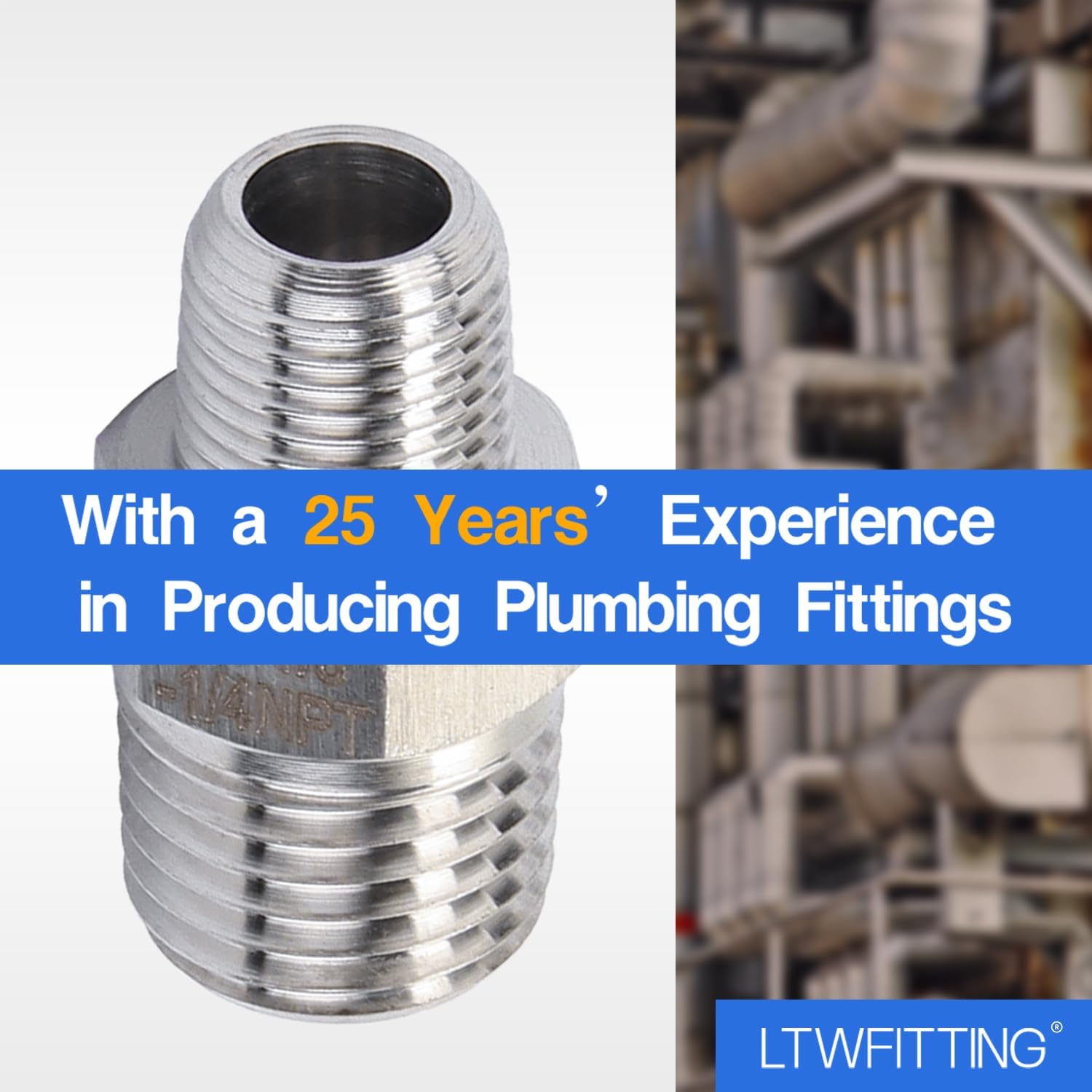LTWFITTING Bar Production Stainless Steel 316 Pipe Hex Reducing Nipple Fitting 1/4" x 1/8" Male NPT Water Boat (Pack of 5)