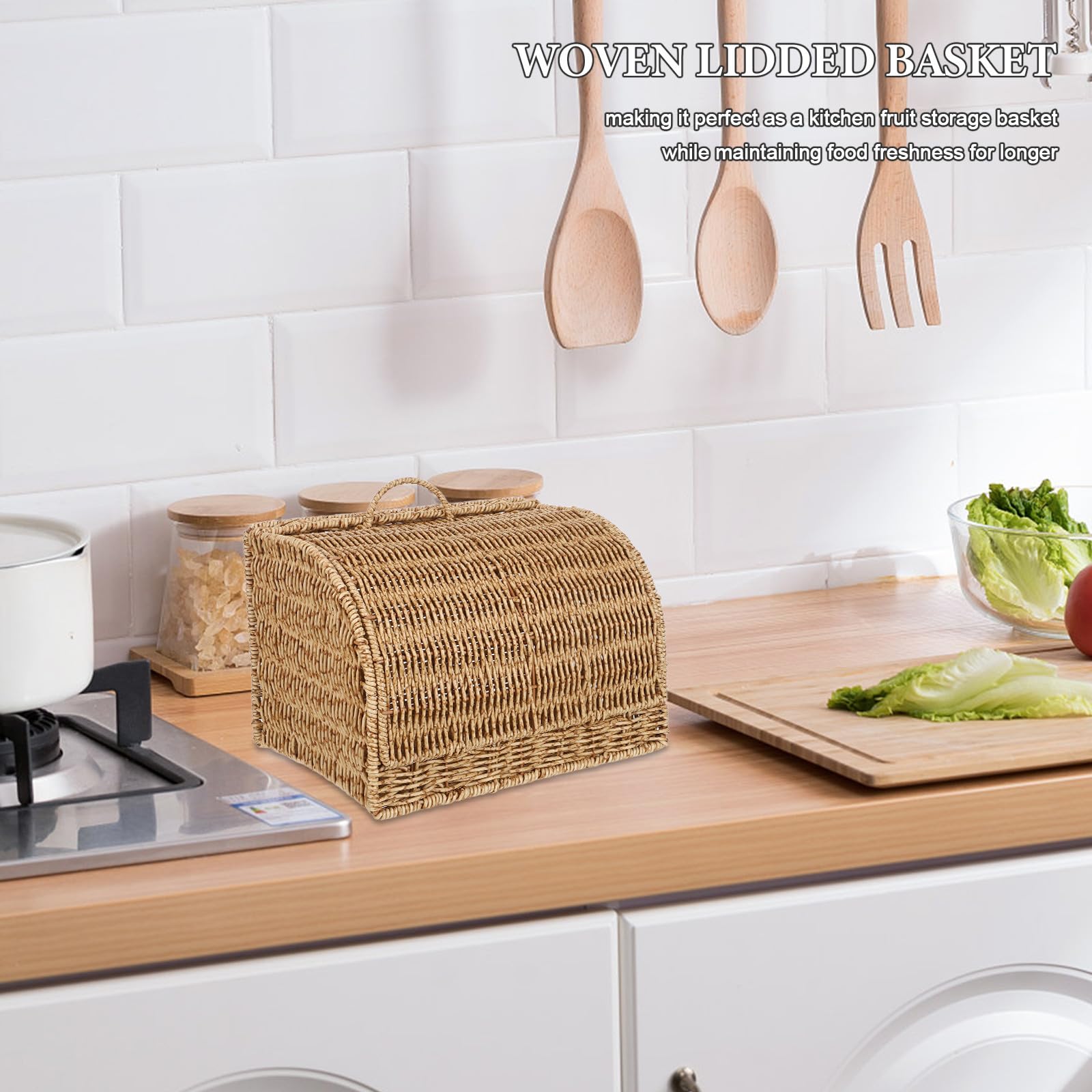 KALLORY Cestino Cucina in Finta Rattan con Coperchio 33, 5x23x19 Cm | Plastica Resistente, per Dispensa e Piano Lavoro, Adatto a Dolci e Snack, Uso Multiuso Ordinato