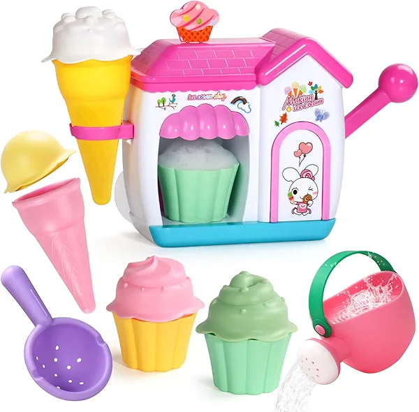 Bath Toys for Kids Ages 4-8 Ice Cream Bath Toys for Kids Ages 3-5 Bathtub Ice Cream Foam Maker Bubble Pretend Cake Play Set for Toddlers 2-4 5 6 Year Old Girls Boys Holiday Birthday Gifts