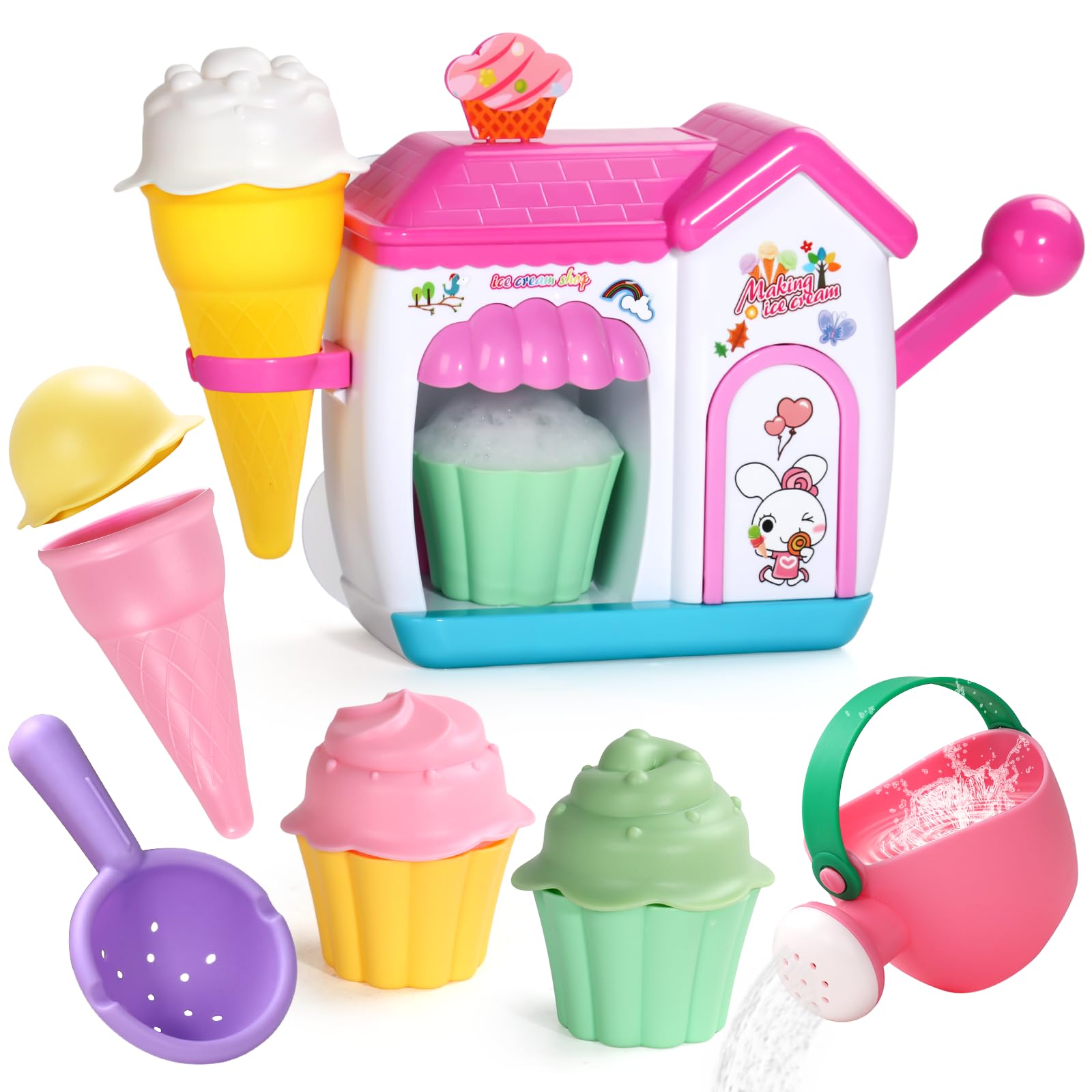 Bath Toys for Kids Ages 4-8 Ice Cream Bath Toys for Kids Ages 3-5 Bathtub Ice Cream Foam Maker Bubble Pretend Cake Play Set for Toddlers 2-4 5 6 Year Old Girls Boys Holiday Birthday Gifts
