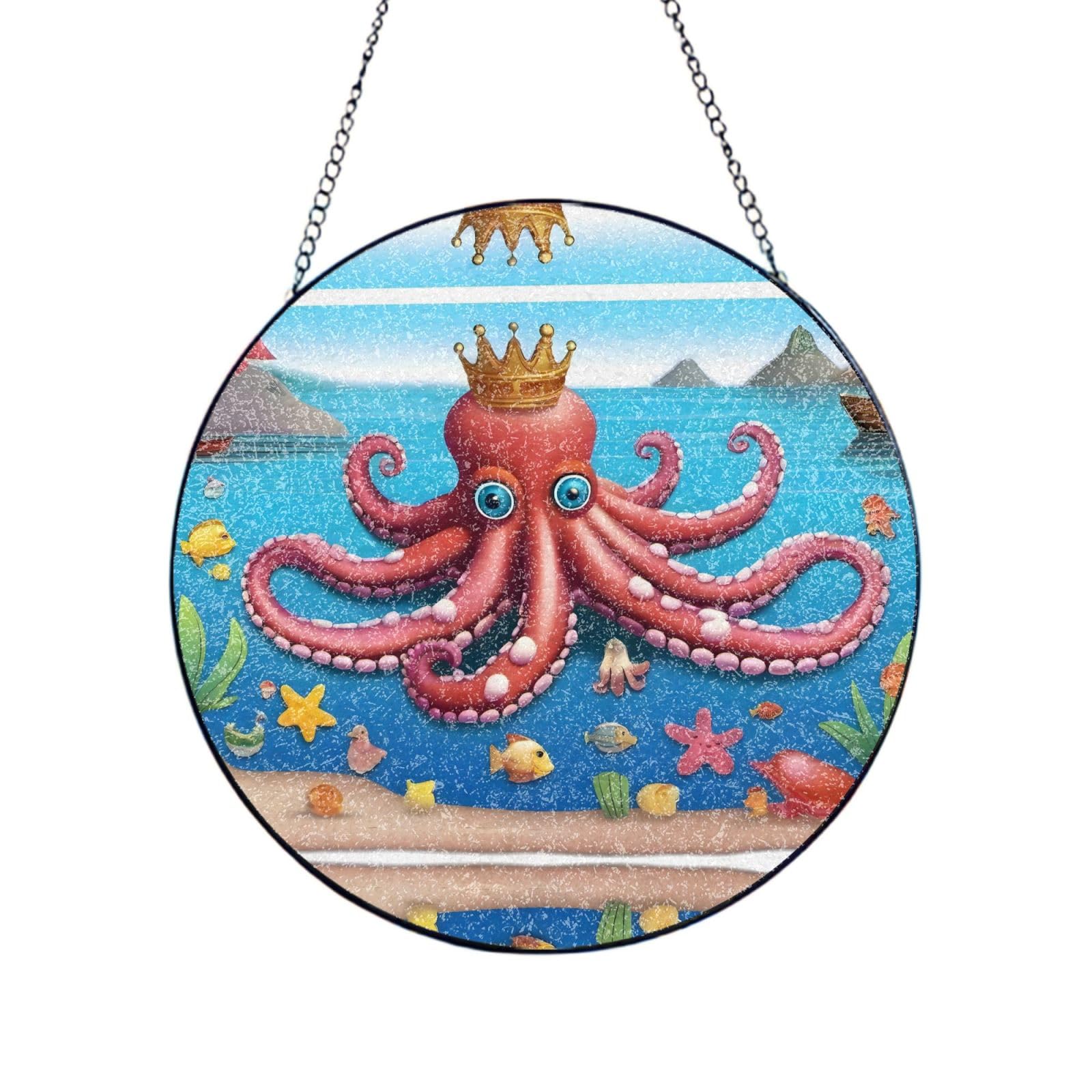 Phayah Crowned Octopus King Print Stained Glass Window Hanging Suncatcher For Door Terrace Garden Home Decor Sun Catcher Birthday Gifts For Lovers Dad Mom 12in（30cm）