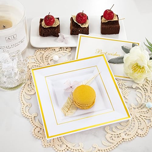 Miniatura 4 de bUCLA 100 platos de plástico cuadrados dorados de 6 pulgadas, platos desechables de postrepastel, platos de aperitivos pequeños cuadrados duros de