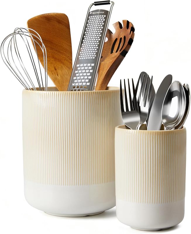 Pokini Ceramic Kitchen Utensil Holder, 7.3"+5.3" Utensils Crock Organizer | Fits 10+ Utensils, Non-Slip Heavy Large Kitchen Utensil Organizer for Spatula Spoon, Kitchen Tool Holder for Countertop,Beige