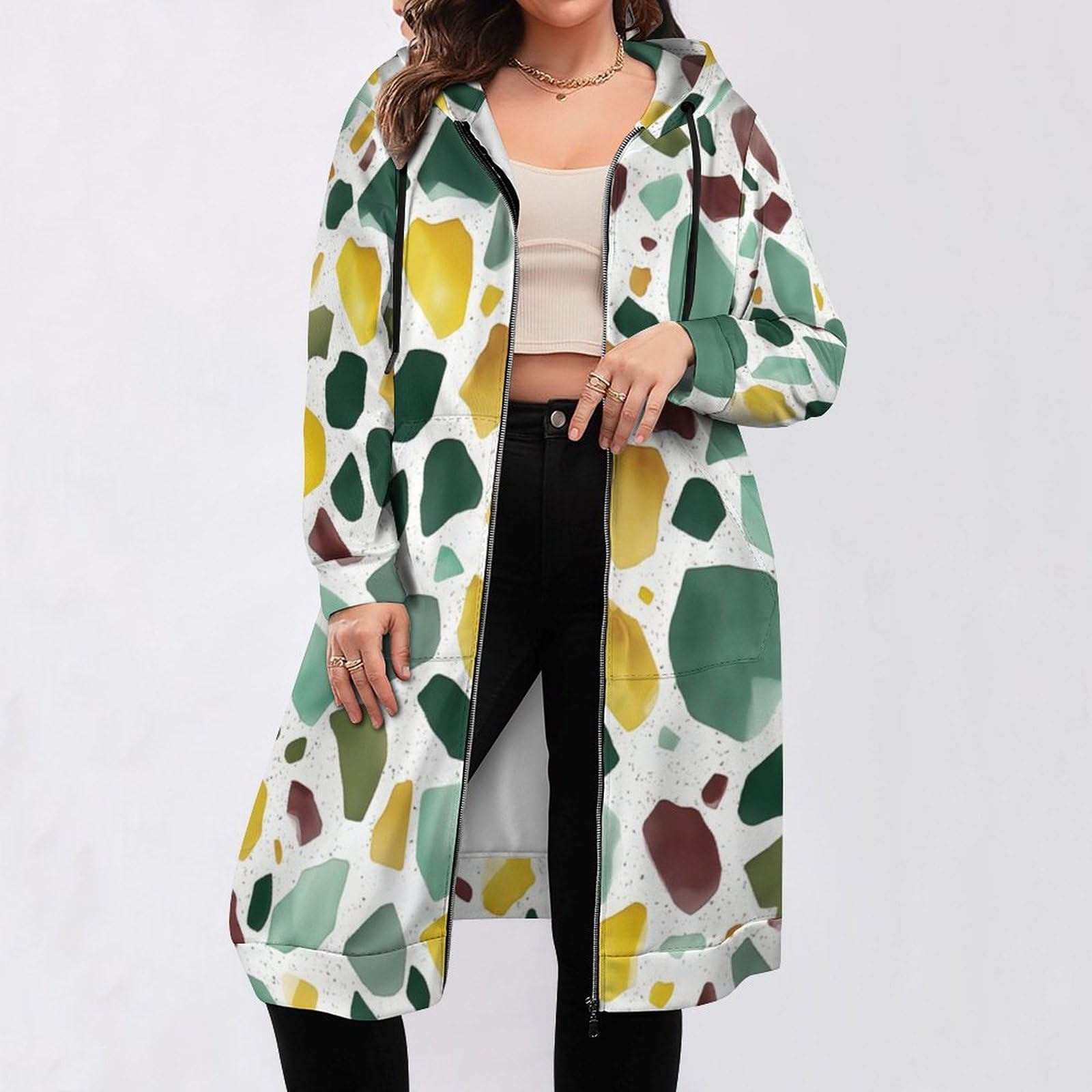Felpa Donna con Zip Felpe Sportiva con Tasche E Cappuccio Motivo Terrazzo Morbida Invernale Giacca Regolabile Confortevole per Uso Quotidiano Casual