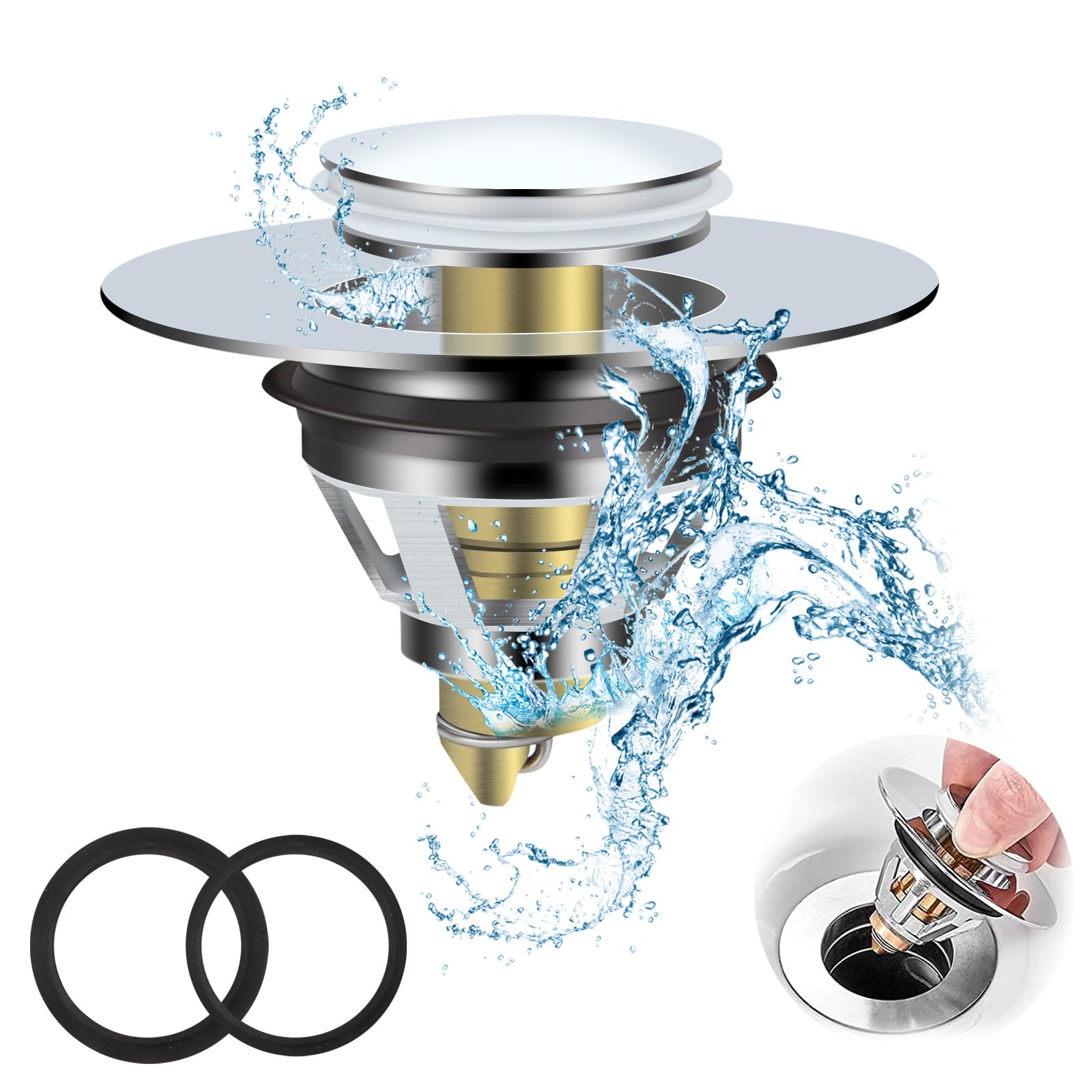 ASelected waschbeckenstöpsel, Ablaufgarnitur Stöpsel, Universal Pop Up Waschbeckenstöpsel für Badewanne, Küche, Waschtisch,Silber,(34-40mm)