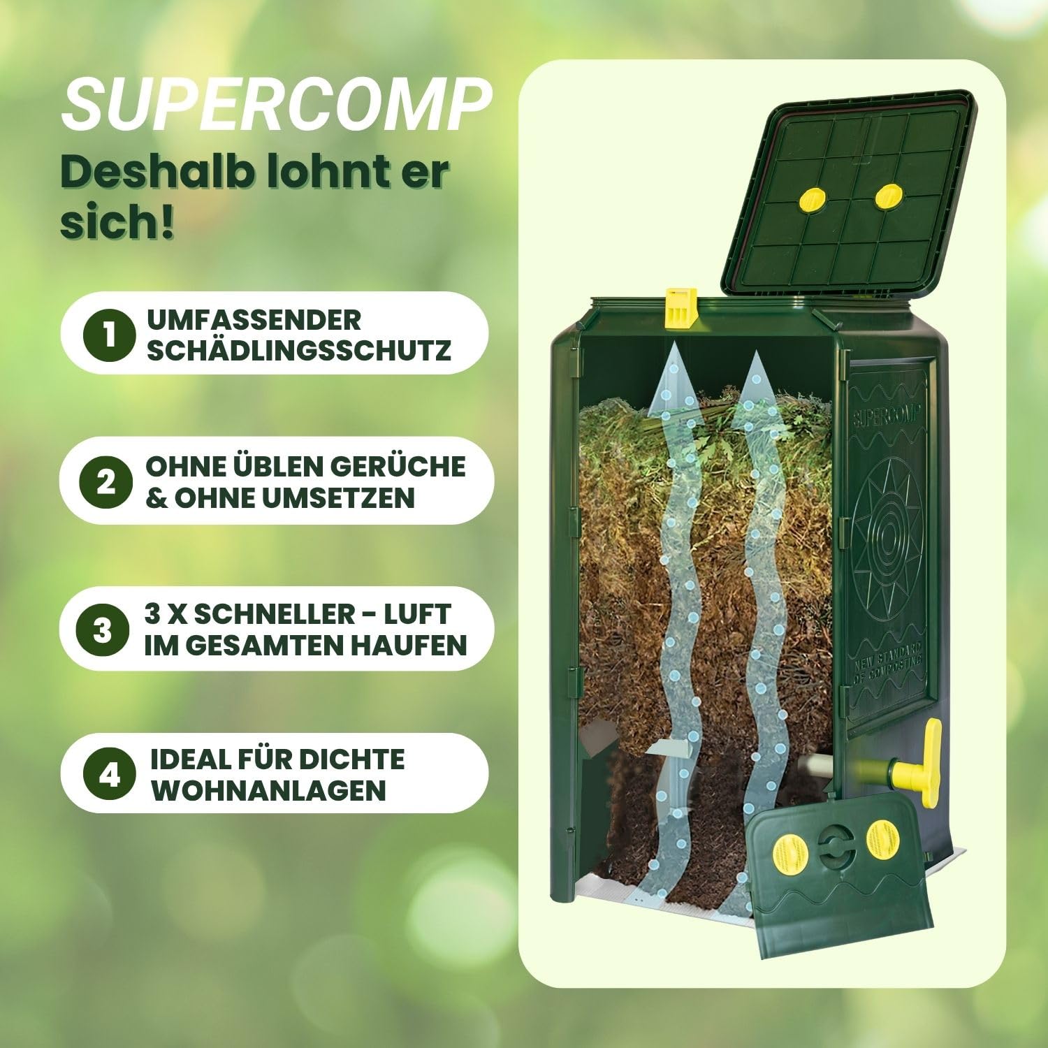 Schnellkomposter 350L | Rattensicher, Schädlingsschutz rundum Dichtungen und Gitter, geruchsfrei & ohne Umsetzen, UV- und frostbeständig