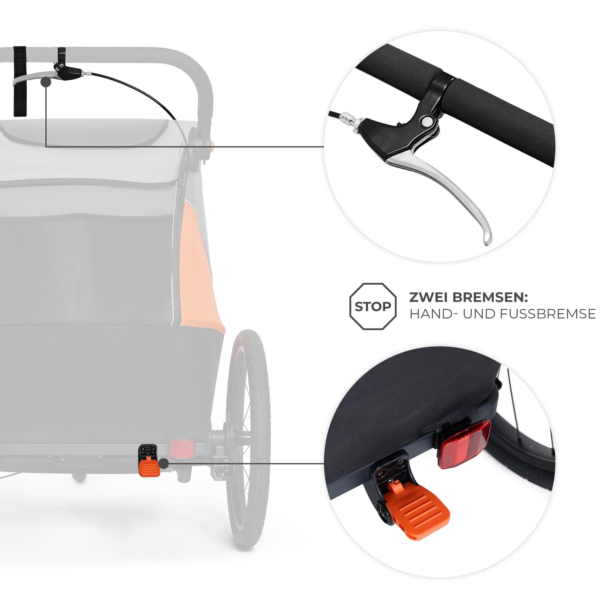 Kinderkraft NAVA 3in1, Kinderwagen, Laufwagen und Fahrradanhänger, für ein oder zwei Kinder (bis 44 kg), Sonnenschutz, zwei unabhängige Bremsen, Aluminiumrahmen, leicht zu falten,Orange
