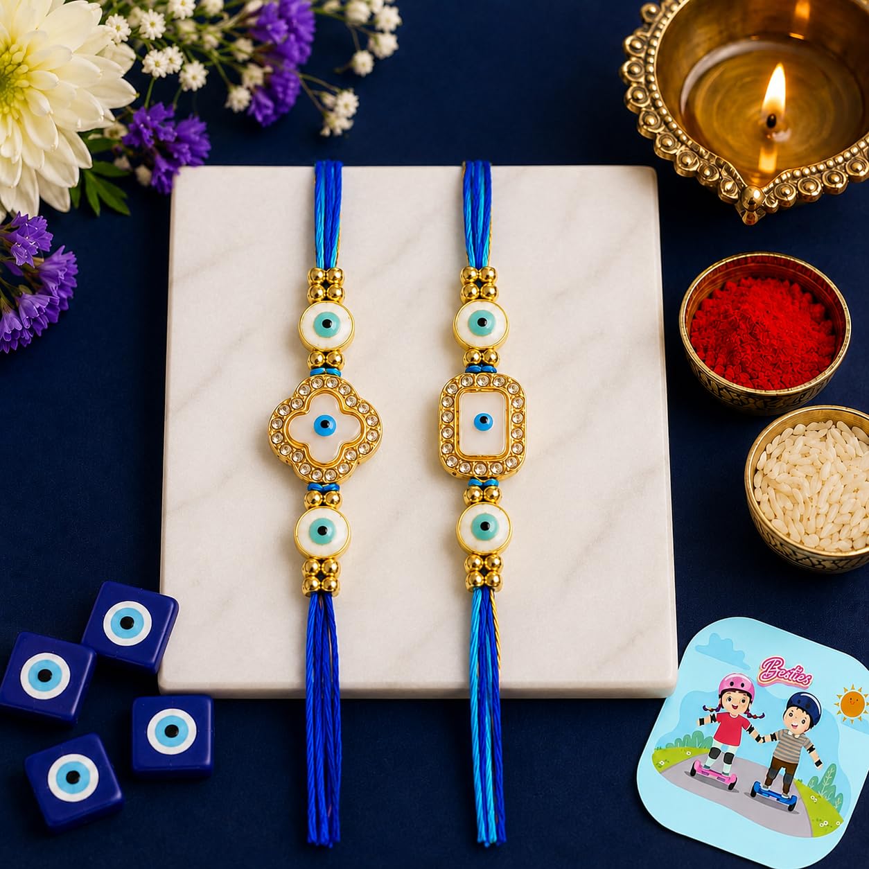 CraftVatika Evil Eye Rakhi with Gift Combo for Brother Boy Men Bhaiya, Rakhi Set of 2 for Brother Bhaiya, Premium Rakhis for Rakshabandhan with Best Wishes Card and Tillak Set, Designer Thread for Him-image-39