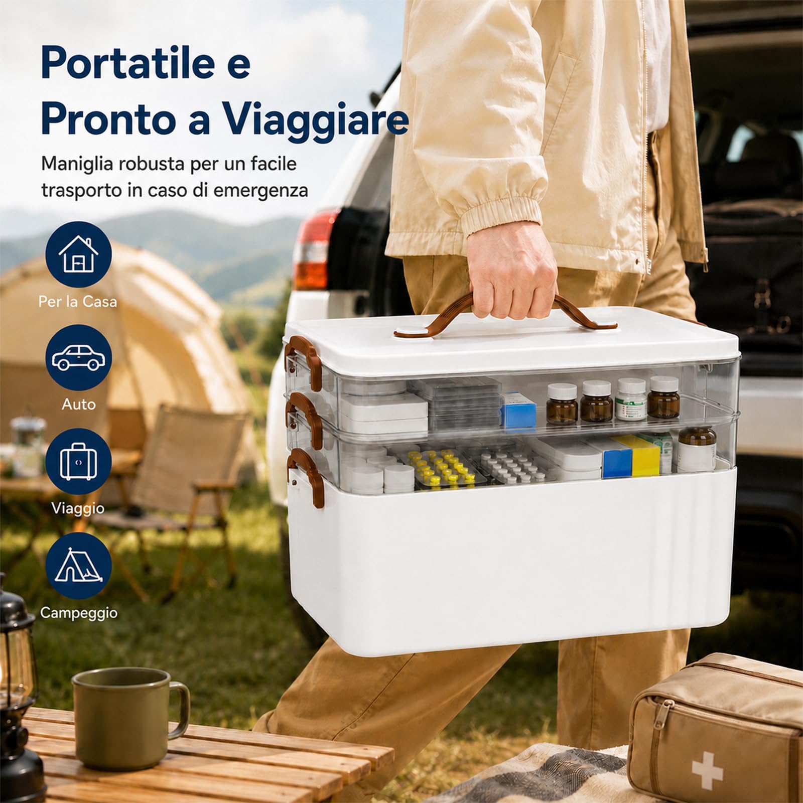 scatola di conservazione per medicinali, 3 livelli con maniglia portatile, organizer per farmaci, contenitore multifunzione per medicinali, gadget, gioielli, accessori per cucito (bianco)
