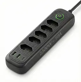 Régua de energia com 5 tomadas + USB + Tipo-C • Cabo 2m • Filtro de Linha • Bivolt automático • Ideal para home office, TV e PC (Preta)