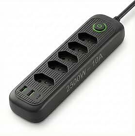 Régua de energia com 5 tomadas + USB + Tipo-C • Cabo 2m • Filtro de Linha • Bivolt automático • Ideal para home office, TV e PC (Preta)