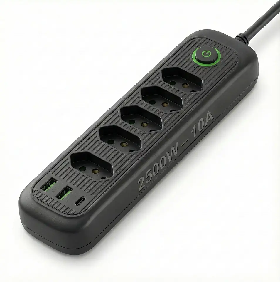 Régua de energia com 5 tomadas + USB + Tipo-C • Cabo 2m • Filtro de Linha • Bivolt automático • Ideal para home office, TV e PC (Preta)