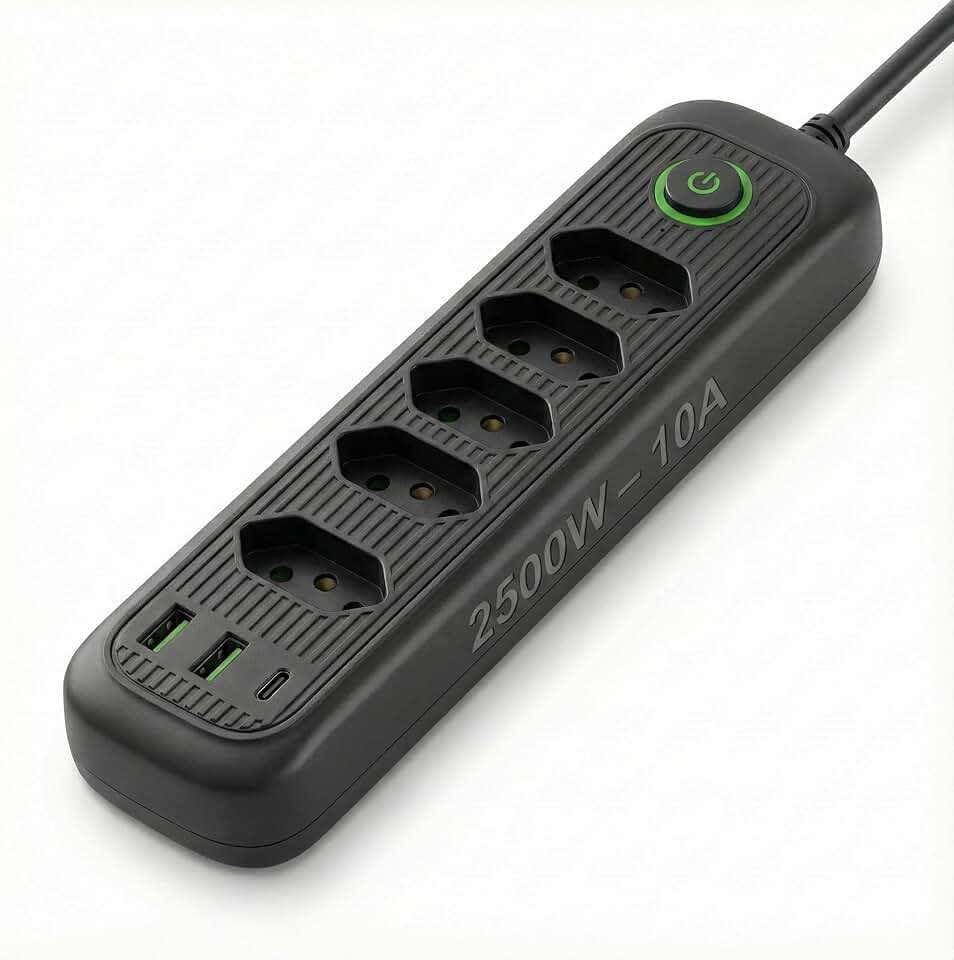 Régua de energia com 5 tomadas + USB + Tipo-C • Cabo 2m • Filtro de Linha • Bivolt automático • Ideal para home office, TV e PC (Preta)