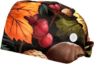 Unisex 2 Psc Scrub Caps Surgical Women with Buttons Sweatband Surgical Caps for Women Men, Thanksgiving Acorn