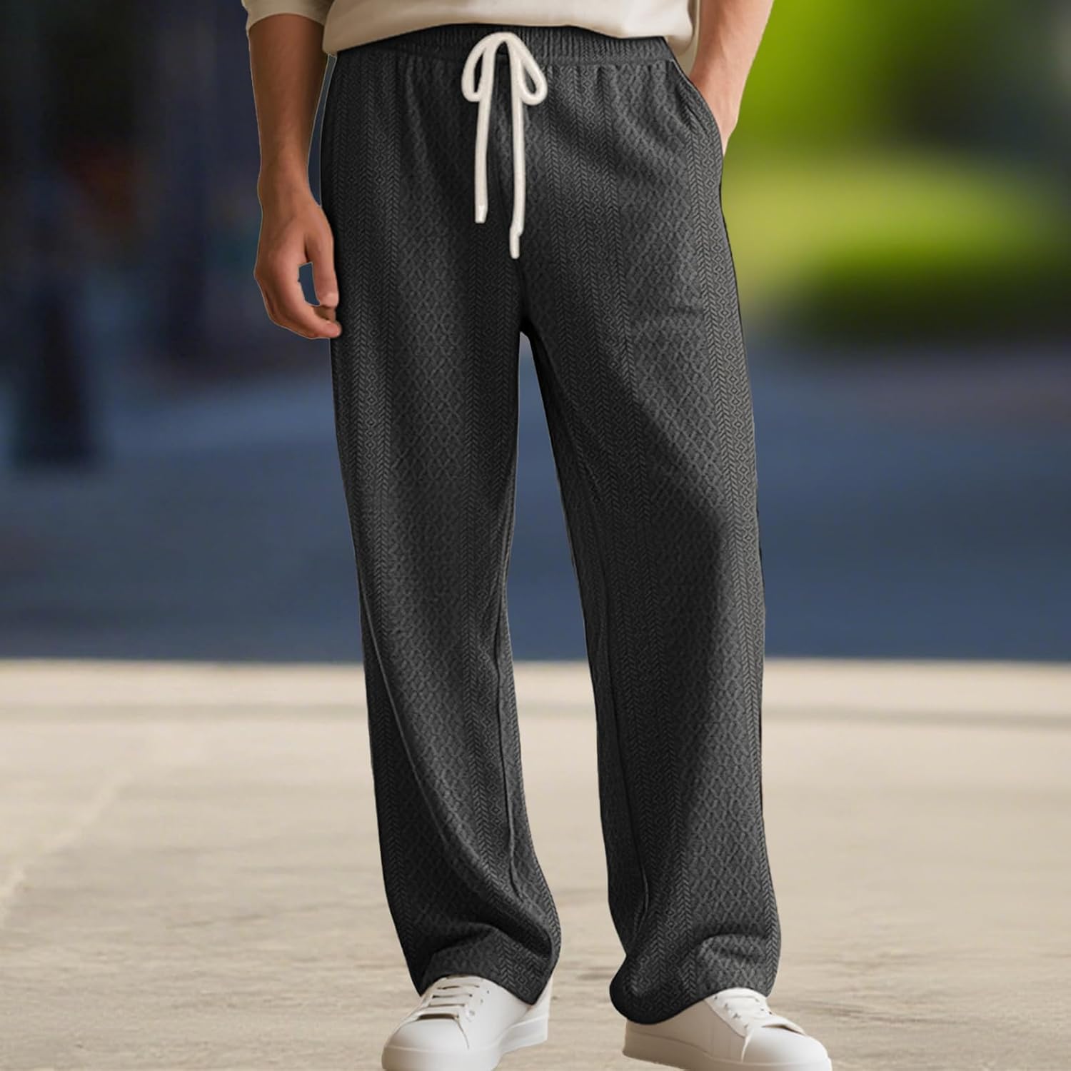 Mens Solid Textured Loose Fit Pants with Pockets Drawstring Elastic Waist Breathable Casual Lounge Trousers - Image 2