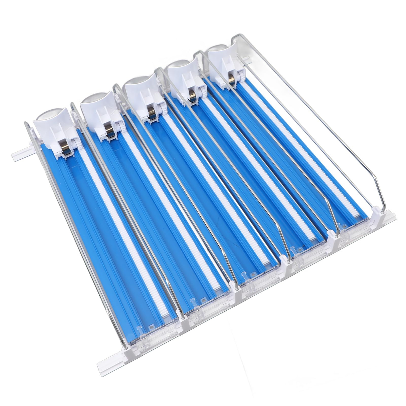 Organizer per bevande da 5 pezzi per frigorifero, dispenser per lattine di soda a spinta automatica, di scorrimento automatico per bottiglie d'acqua in lattine di birra, divisori (Blu)