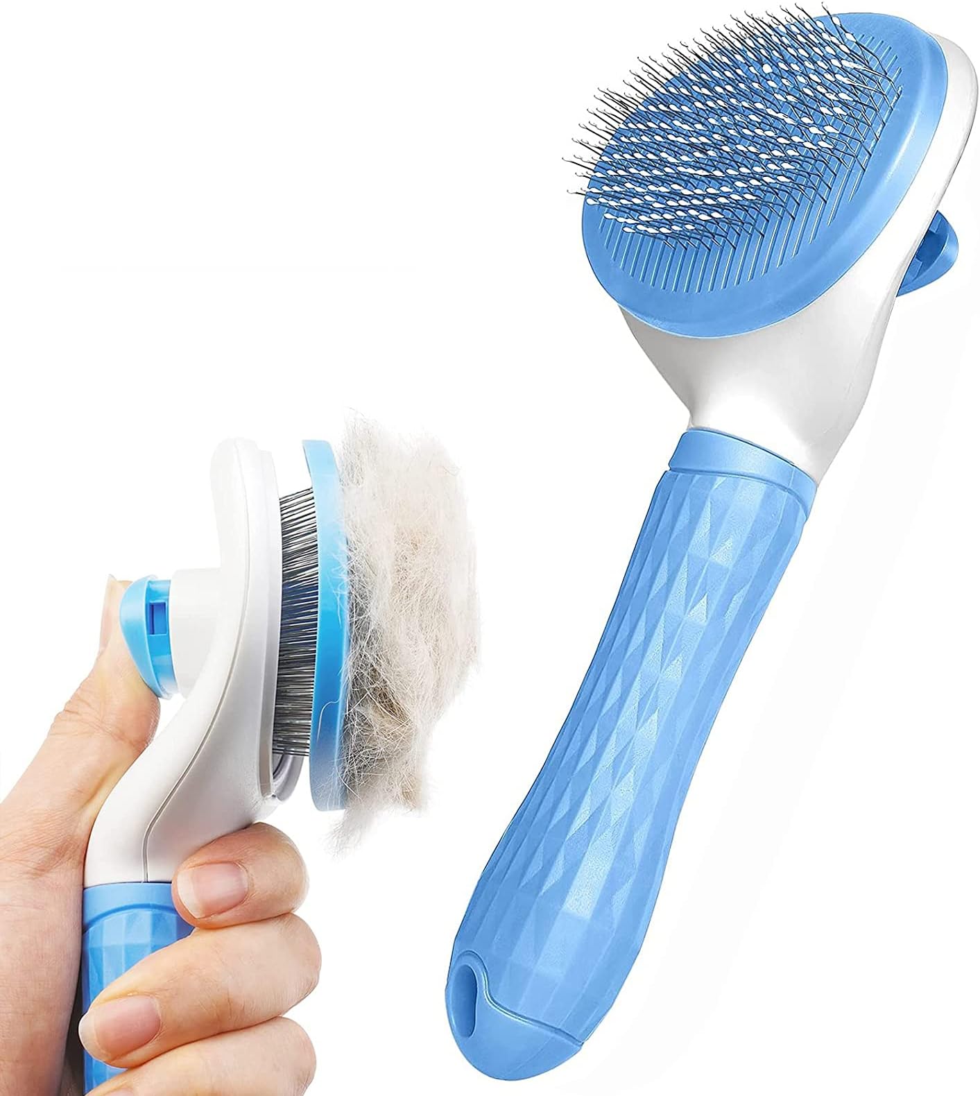 Dog Brush Cat Grooming Comb,Self Cleaning Slicker Brushes with Smooth handle,Pet Tool Button for Shedding Tools Massage Clean Tangled (Blue)