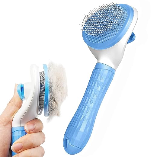 Dog Brush Cat Brush Grooming Comb,Self Cleaning Cat Dog Slicker Brushes with Smooth handle,Pet Grooming Tool with Cleaning Button for Cat Dog Shedding Tools Cat Dog Massage Clean Tangled Brush (Blue)