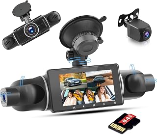 Inefala Car Driving Recorder with HD 1080P Front Camera with 3 Cameras, 4CH G Sensor Motion Detection Loop 24-Hour Driving Recording Parking Mode, 64G SD Card
