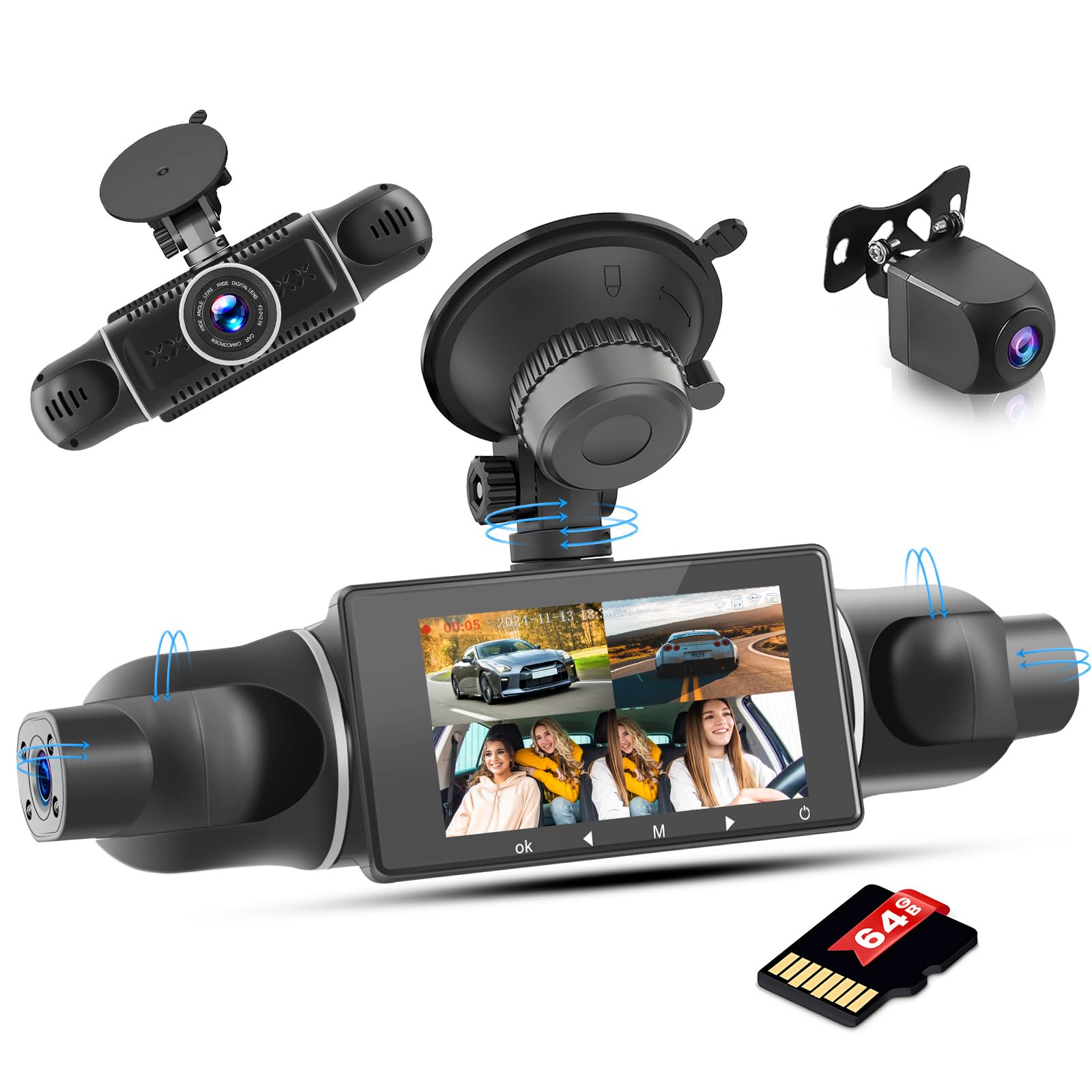 Inefala Full HD 1080P kamera samochodowa z czterema kamerą samochodową, 4 kanały 360°, ekran z 8 IR, noktowizorem i 64 GB pamięci, rejestrator podróży z czujnikiem G, monitorowaniem parkowania
