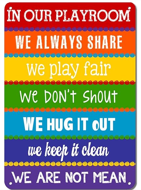 Playroom Rules Sign - Childrens Wall Art - Kids Room Decor - Rainbow Playroom Metal Signage 8 12 Inches