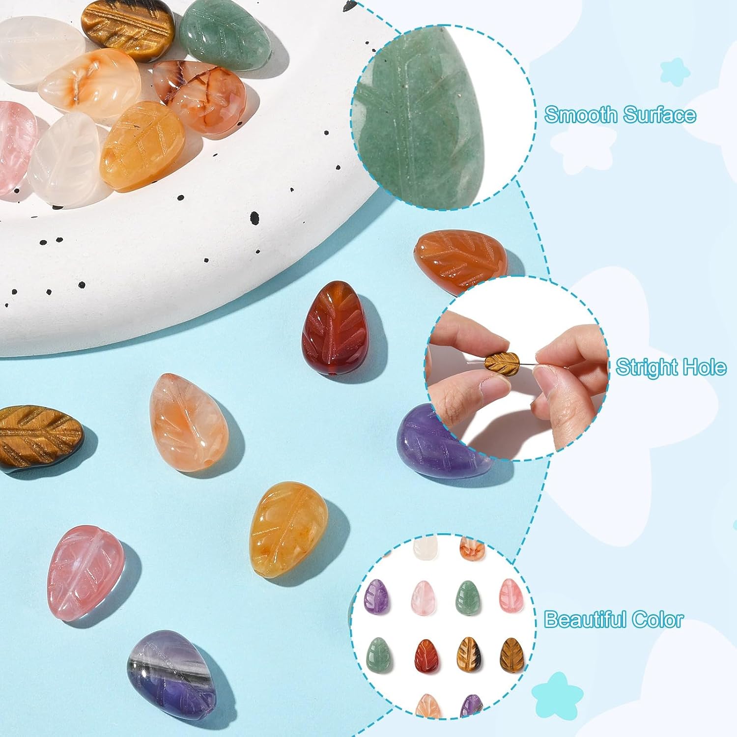 LiQunSweet 16 pcs 8 Styles Nature Gemstone Leaf Shape Beads Stone Tree Leaves Spacer Beads for DIY Jewelry Bracelet Necklace Earring Crafts Phone Keychain Bag Decor